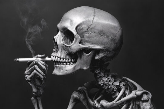 black-and-white illustration of a skeleton smoking a cigarette with smoke rising, creating a dark and moody atmosphere

