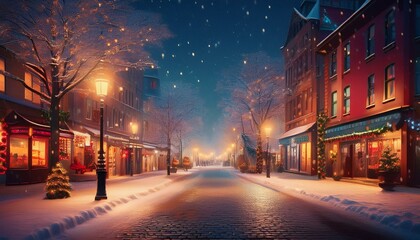 따뜻한 조명이 비치는 겨울 도시의 거리