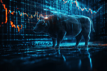 Digital representation of bull symbolizing market growth against a backdrop of financial data and stock market trends.