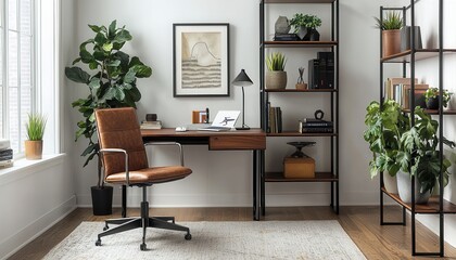 Elegant and Modern Office Space with Stylish Furniture, Green Plants, Minimalist Design and Cozy Atmosphere for Productive Work Environment