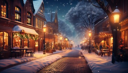 따뜻한 조명이 비치는 겨울 도시의 거리