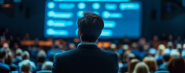 A businessperson delivering a professional presentation to a large conference audience with business metrics displayed on a projector screen