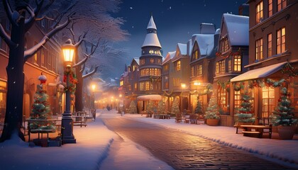Fototapeta premium 따뜻한 조명이 비치는 겨울 도시의 거리