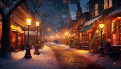 따뜻한 조명이 비치는 겨울 도시의 거리