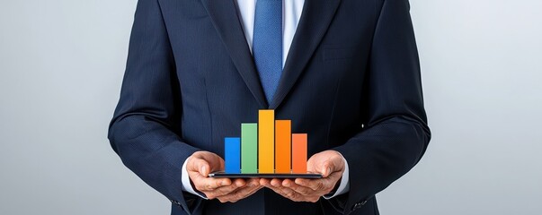 A businessman in a suit holds a digital tablet displaying colorful bar graphs, representing data analysis and business growth.