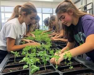 Students growing plants as part of environmental clubs engaged in sustainability projects