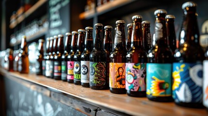 A Diverse Collection of Craft Beer Bottles Decorated with Vibrant and Artistic Labels Displayed on a Wooden Shelf in a Modern Brewery Setting