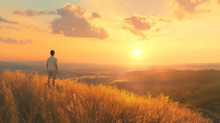 Obraz premium Solitary Man Observing a Vibrant Sunset from a Grassy Hilltop