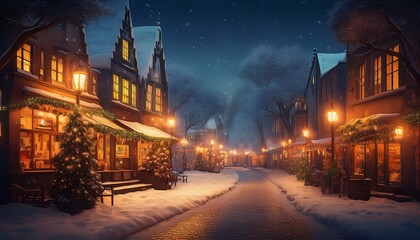 Fototapeta premium 따뜻한 조명이 비치는 겨울 도시의 거리
