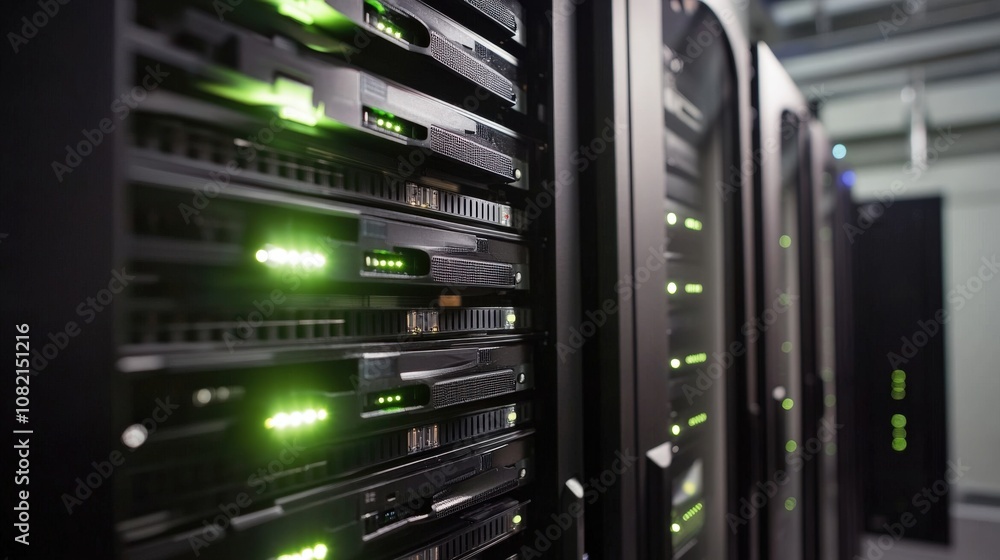 Poster close-up of a server rack with green lights in a data center