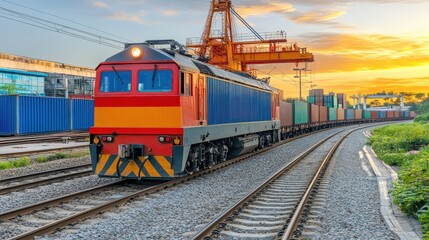 Fototapeta premium Vibrant Freight Train Transporting Colorful Cargo Containers Through a Scenic Industrial Landscape at Sunset with Warm Sky and Railway Tracks