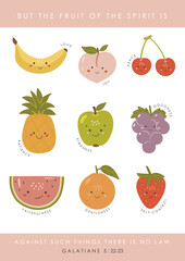 Cute Fruits of the spirit, Educational fruits illustration, educational material, kids vector, kindergarten illustration, classroom poster, christian vector, preschool design, bible vector
