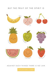 Cute Fruits of the spirit, Educational fruits illustration, educational material, kids vector, kindergarten illustration, classroom poster, christian vector, preschool design, bible vector