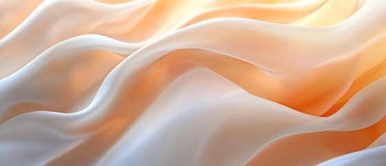Closeup of soft flowing silk fabric in gentle pastel peach and cream, high detail, illuminated by diffused warm light, smooth textures