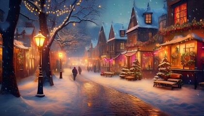 따뜻한 조명이 비치는 겨울 도시의 거리