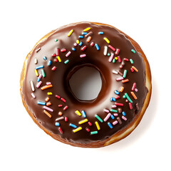 A delightful chocolate frosted donut topped with rainbow sprinkles, ideal for satisfying sweet cravings