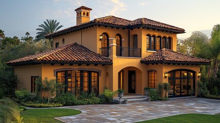 Obraz premium Elegant Mediterranean-style home with lush landscaping and warm colors.