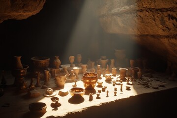 Ancient artifacts illuminated by sunlight in a cave treasure trove, showcasing a rich historical collection of pottery and figurines
