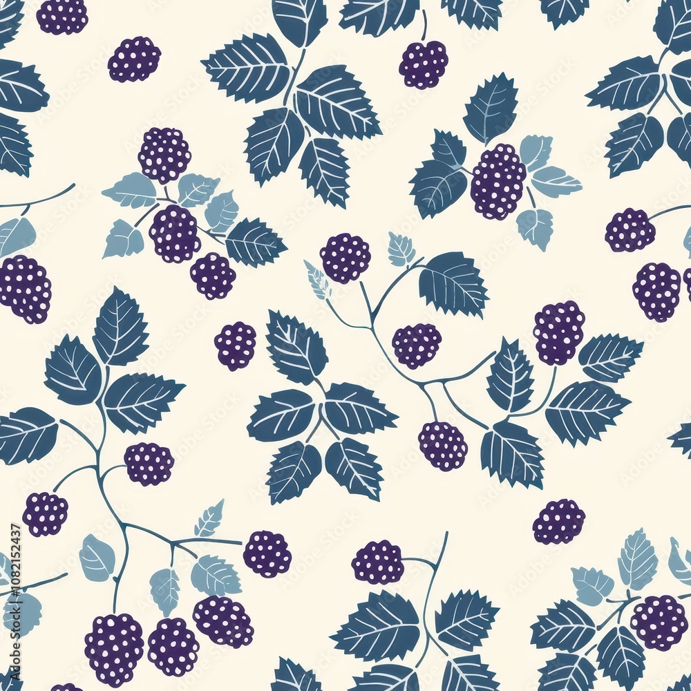 Poster seamless minimal blackberry pattern designed for fabric use featuring playful berries and leaves in 
