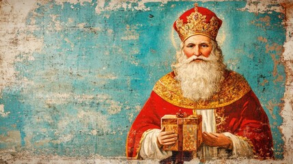 A traditional illustration shows Saint Nicholas in regal attire, holding gifts, symbolizing generosity and kindness on Saint Nicholas Day, celebrated on December 6