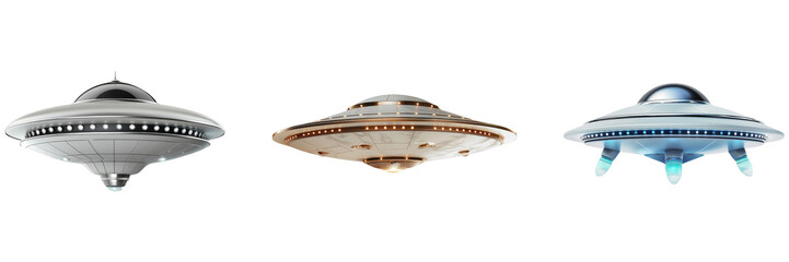 Flying Saucer Set With Lights Hovering in the Night Sky on Isolated Background