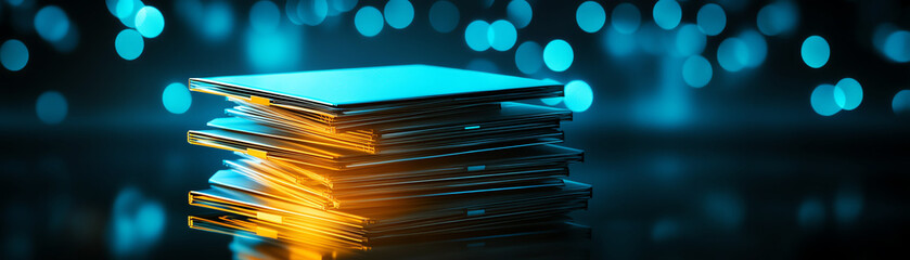 Stack of glossy digital plates soft blue and orange lights, modern technological aesthetics.