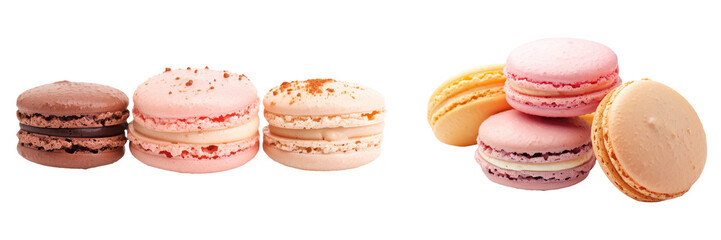 Chocolate, Vanilla and Strawberry Macarons Set. French Macarons on Isolated Background