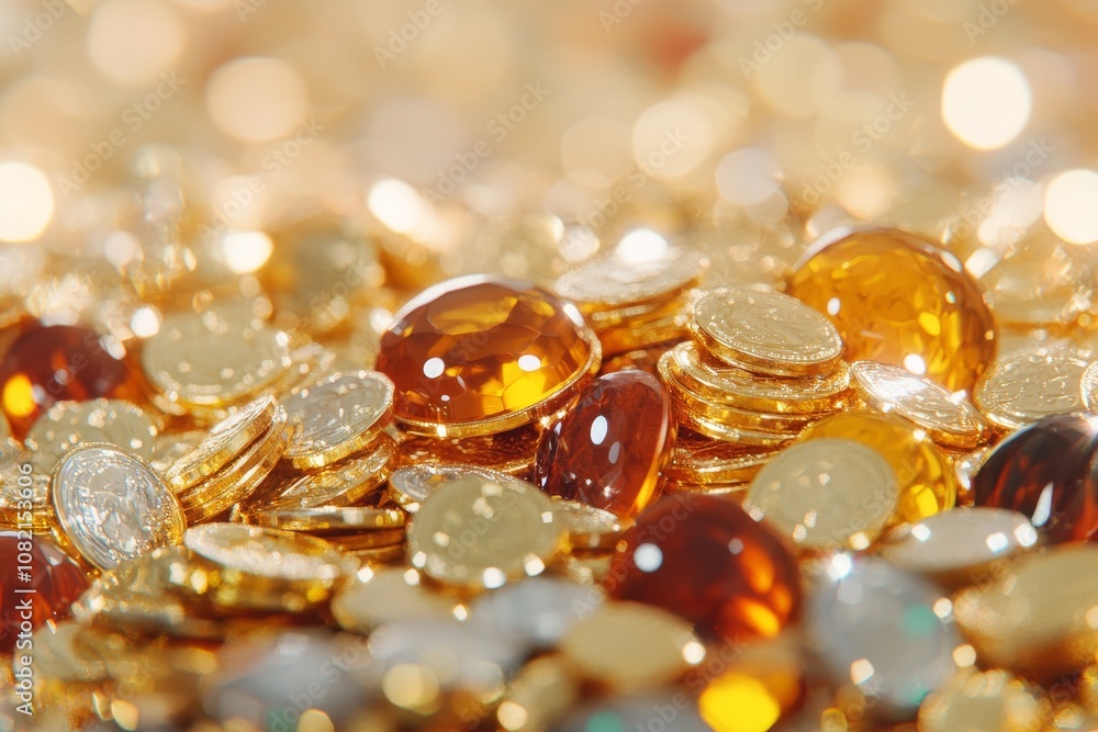 Poster shimmering golden coins and gems scattered widely creating a dazzling display of light and color