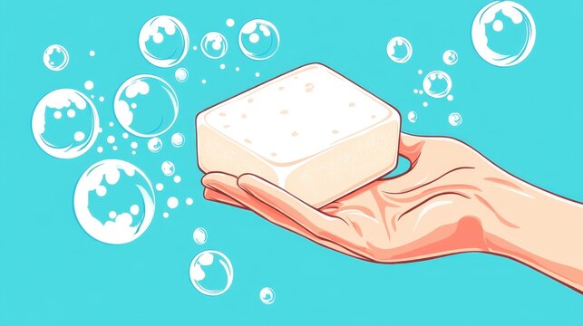 Hand Holding a Bar of Soap with Bubbles on a Blue Background, Ideal for Hygiene, Cleanliness, and Wellness Themes in Illustrative and Graphic Design