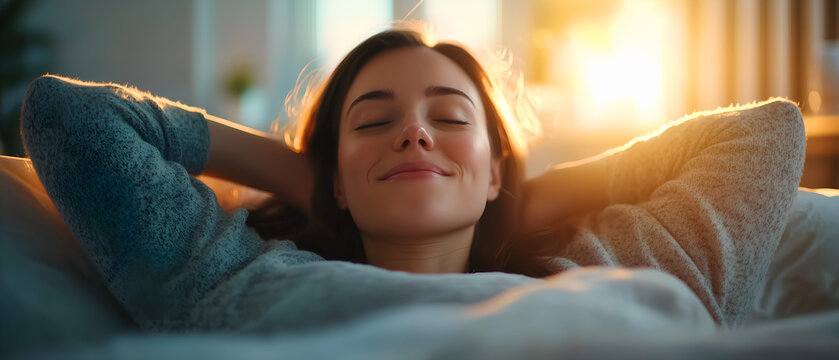 happy young brunette woman resting on a sofa; concept of self care, wellbeing, short energy nap