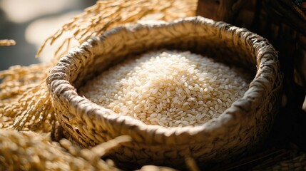 White Rice Grains in Woven Basket with Paddy