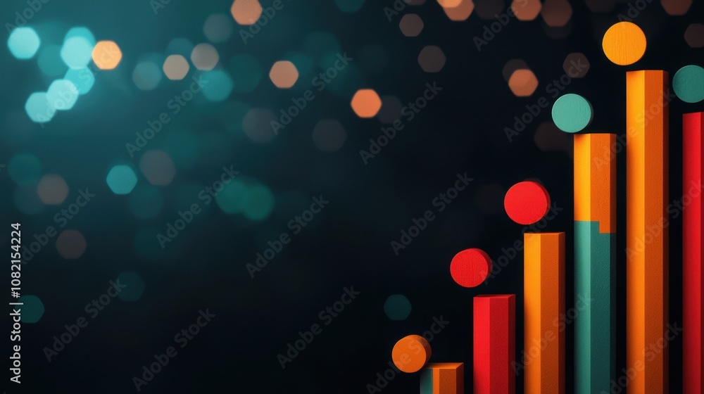 Poster a vibrant bar chart with colorful segments, representing data growth against a blurred background of