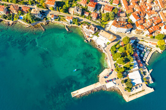 View from above of old town Lovran in the northeast of the Istrian peninsula. Opatijska rivjera. Kvarner bay. Travel in Croatia