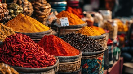 Fototapeta premium Vibrant Spices in Baskets at a Market Stall