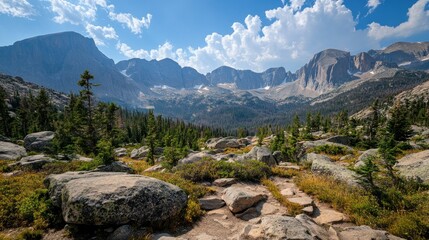 Rocky Mountain Trail with Majestic Mountain Peaks in the Background