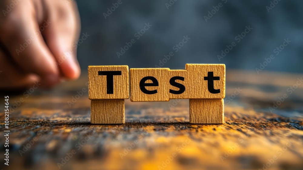 Poster Wooden Blocks Spelling Test: Close-up of a hand arranging wooden blocks to spell the word 