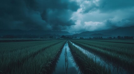 Dark Clouds Over Lush Green Rice Paddy