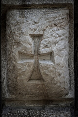 Templar cross, Romanesque carving, on Church of San Cipriano de Bolmir, Romanesque temple from the...