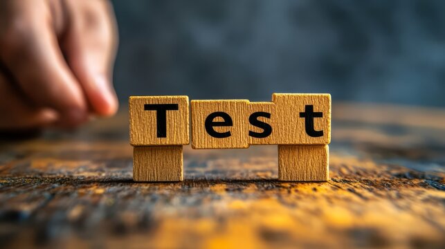 Wooden Blocks Spelling Test: Close-up of a hand arranging wooden blocks to spell the word "Test," set against a rustic wooden surface. The image evokes a sense of preparation and evaluation. 