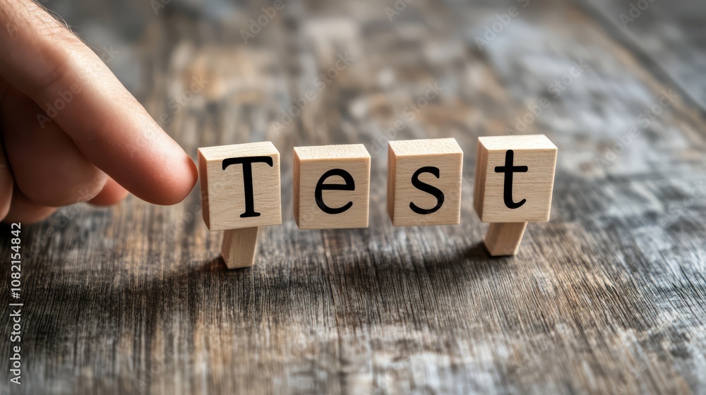 Poster the word is test: a close-up shot of a hand arranging wooden letter blocks to spell 