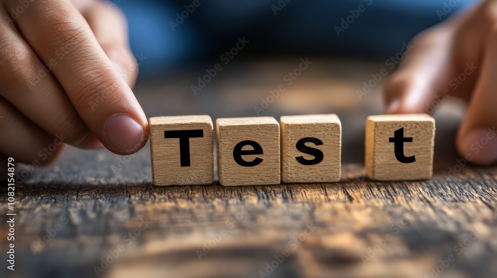 Poster wooden blocks spelling test: close-up shot of hands arranging wooden blocks to spell the word 