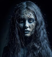 portrait of a person with hair, woman with scary mask, halloween costume