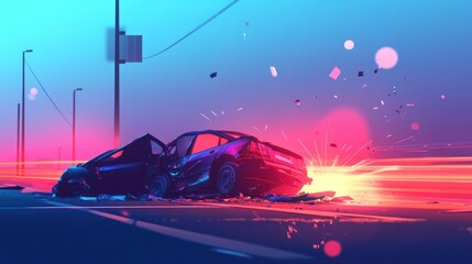 A digital illustration of a car crash at night.