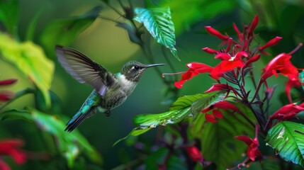 Obraz premium Vibrant Hummingbird in Flight Surrounded by Colorful Tropical Flowers Against a Rich Green Background