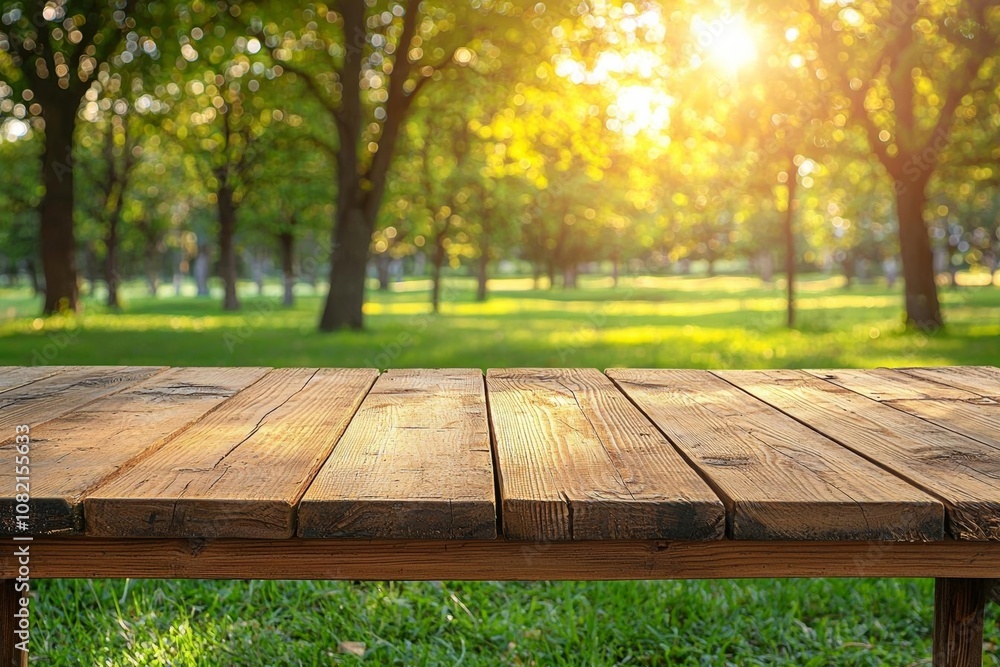 Poster empty wood table and defocused bokeh and blur background of garden trees in sunlight, display montag
