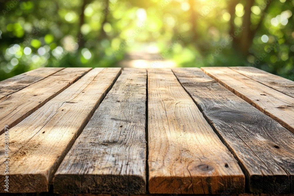 Poster empty wood table and defocused bokeh and blur background of garden trees in sunlight, display montag