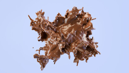 Fototapeta premium Liquid milk chocolate (milkshake, cacao), big splash isolated on a blue background, 3D model