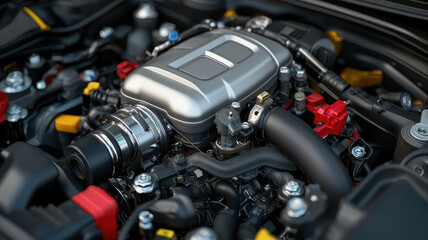 Fototapeta premium Installing a turbocharger. High performance engine with turbocharger, showcasing intricate details and components. metallic finish and vibrant colors highlight engineering excellence