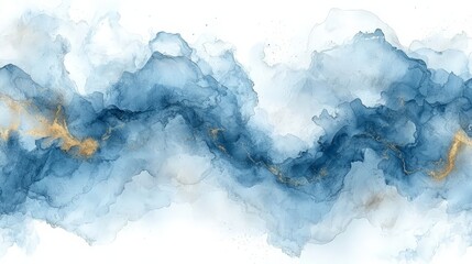 Abstract watercolor design featuring flowing blue and gold hues.