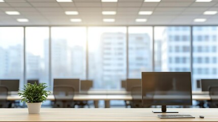 Fototapeta premium Empty wood table top and blur glass window wall in office building space interior background - can used for display or montage your products